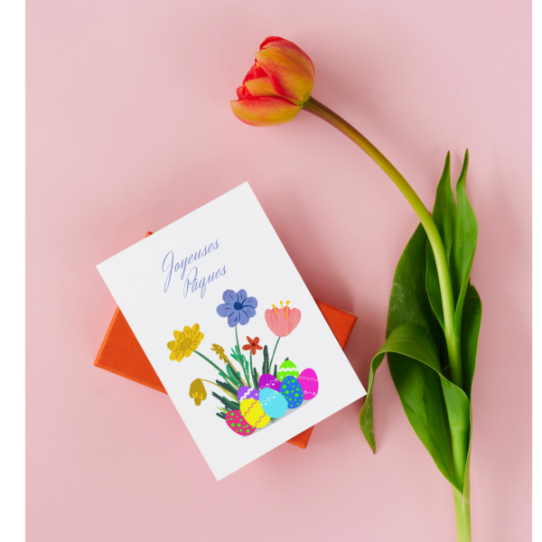 Carte fleurs et œufs colorés Joyeuses Pâques, cadeau personnalisé, cadeau fête, carte postale printemps , Carte vœux fêtes de Pâques, – Image 2