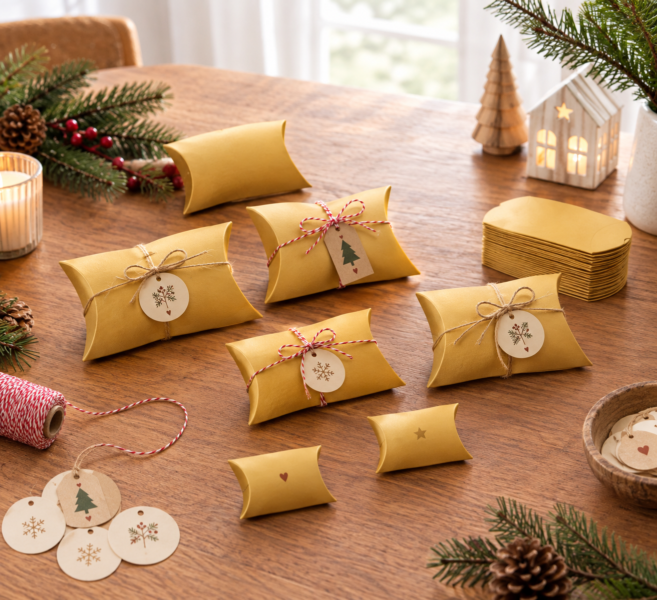 10x Boîte Berlingot dorée 6.5x9cm, Boîte Coussin Or emballage mariage, Petite boîte cadeau pliable PME Créateur, Packaging festif élégant
